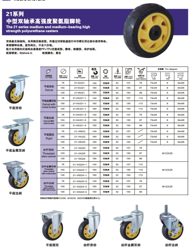 中型双轴承高强度聚氨酯脚轮