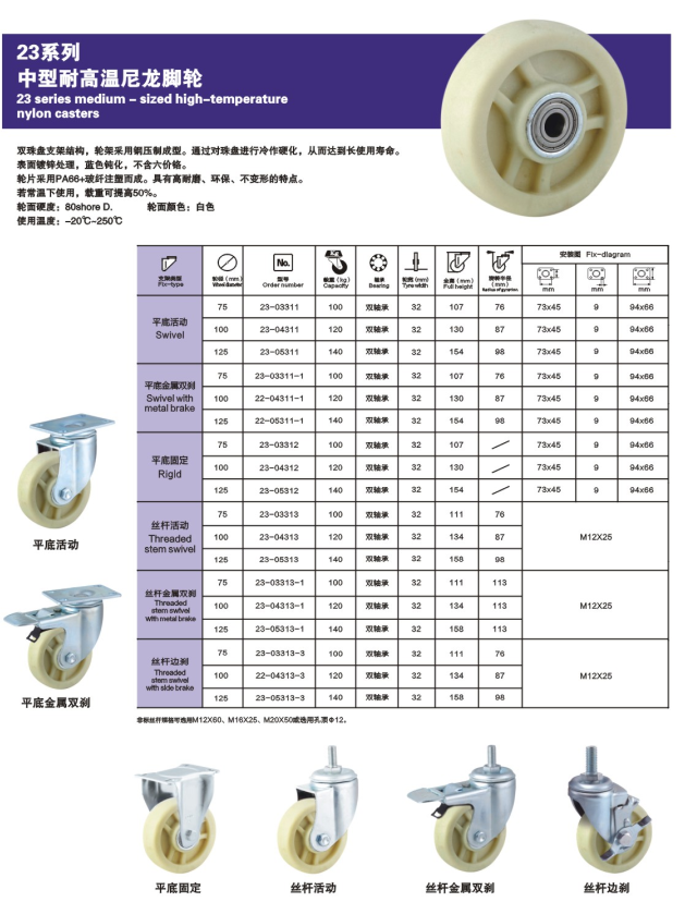 中型耐高温尼龙脚轮